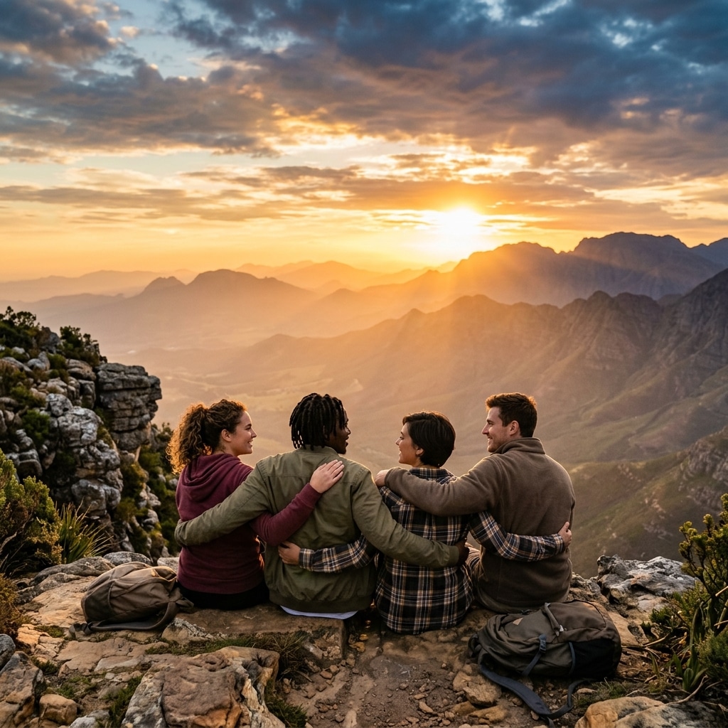 Four friends sitting on mountain cliff watching sunset